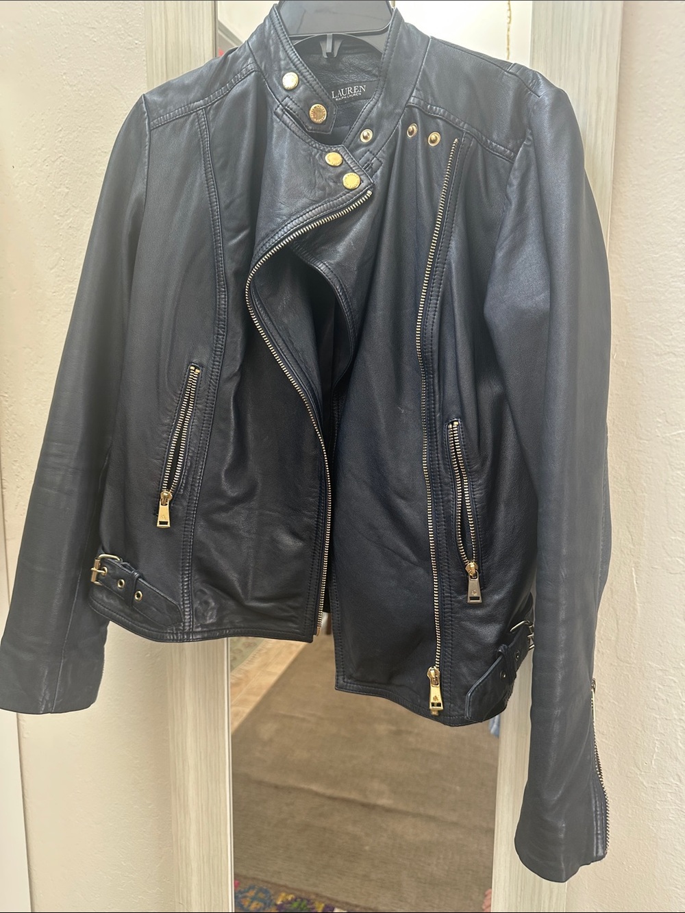 Lauren Ralph Lauren Black Leather Moto Jacket with Gold-Tone Accents